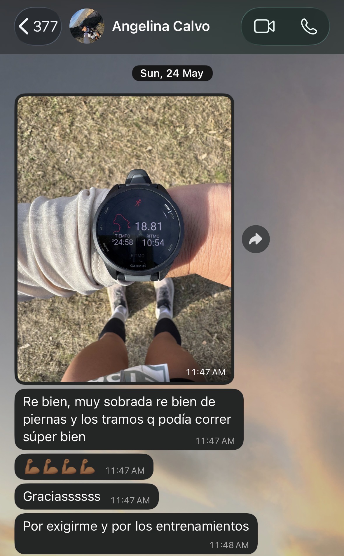 Angelina: corrió 18.81 km, 'muy sobrada, los tramos que podía correr súper bien. gracias por exigirme y por los entrenamientos'
